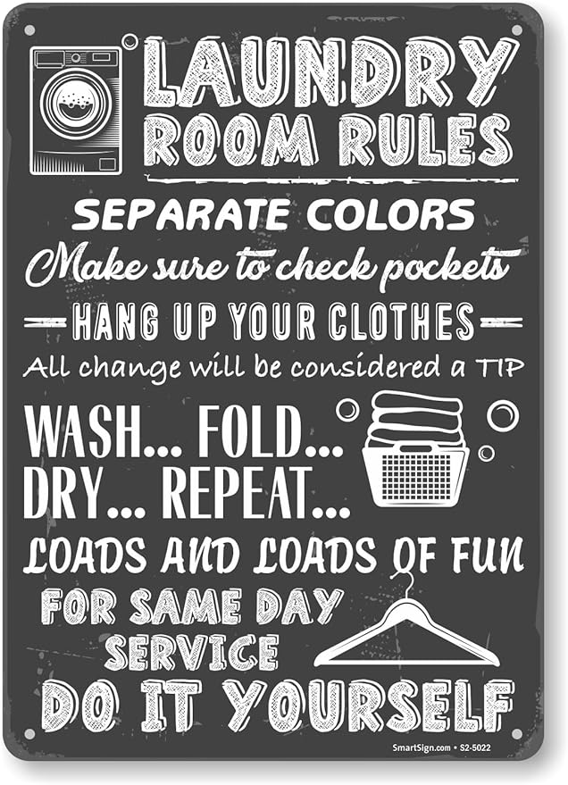 SmartSign Large Laundry Room Rules Sign, “Separate Colors, Check Pockets, Change Considered Tip” Metal Sign, 14 x 10 inch, 40 mil Laminated Rustproof Aluminum, Chalkboard Pattern Background, USA-Made
