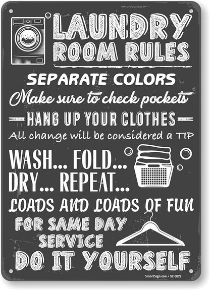 SmartSign Large Laundry Room Rules Sign, “Separate Colors, Check Pockets, Change Considered Tip” Metal Sign, 14 x 10 inch, 40 mil Laminated Rustproof Aluminum, Chalkboard Pattern Background, USA-Made