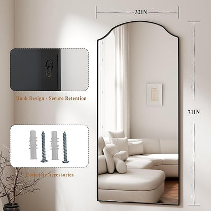 BEAUTYPEAK Full Length Mirror, Full Body Mirrors with Unique Arched Design, 71"x32" Floor Mirror with Aluminum Alloy Frame, Standing Hanging or Leaning for Bedroom and Living Room, Black