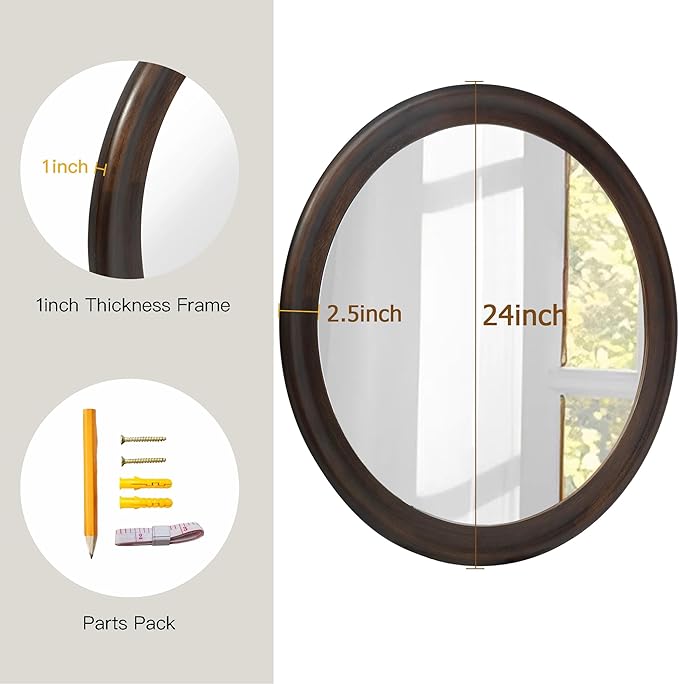 CULER Round Wall Mirrors 24 Inch,Wood Rustic Decorative Transitional Mirror with Walnut Frame for Wall,Farmhous Mirror for Bathroom Bedroom Living Room or Entryway（Dark Brown）