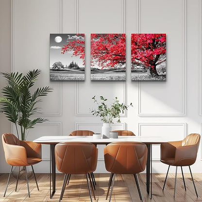 canvas wall art for living room family bedroom Wall Decor Black and white red tree moon landscape painting Ready to Hang for room Decorations Works office Decor Prints pictures 12" x 16"3 Pieces