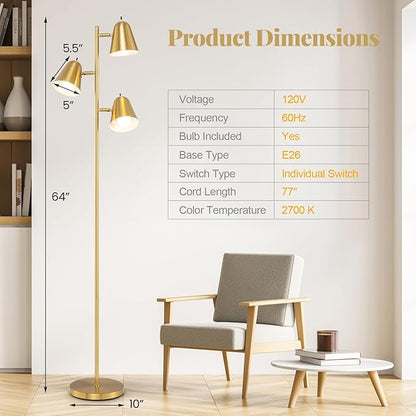 Tangkula 3-Light Floor Lamp, 64" Mid Century Modern 3 Light Tree, Standing Tall Pole Lamp with 3 A19 LED Bulbs and Adjustable Heads, 3 E26 Base, Reading Light for Living Room & Bedroom (Golden)