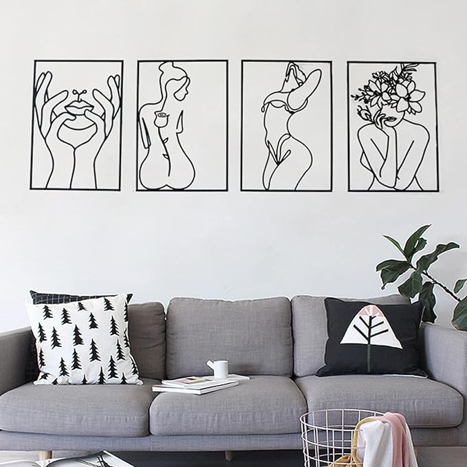 Glamativity 4 Pack Black Wall Art Décor, Minimalist Décor Single Line Art Wall Décor, Real Metal Wall Art, Woman's Body Shape Abstract Wall Art, for Kitchen Bedroom Living Room