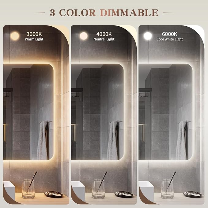 EOGOW Backlit Mirror for Bathroom,36"x24" Backlit LED Bathroom Mirror Wall Mounted with Anti-Fog,Stepless Dimmable,3 Color Lights,High Lumen, UL Listed,Tempered Glass