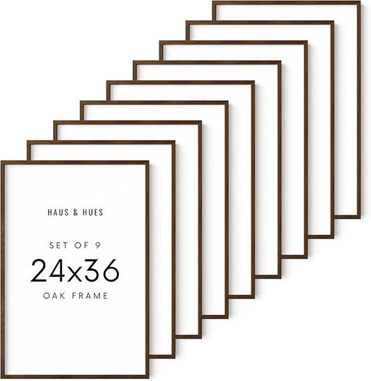 HAUS AND HUES Walnut Wood 24x36 Poster Frames - Set of 9, Rustic Barnwood Frames with Plexiglass and Hanging Hardware