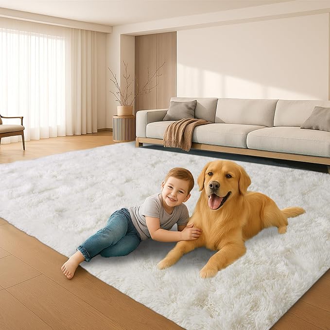 5x7 Plush Fluffy Area Rugs, Large Soft Carpet, Upgraded Non-Slip Rectangular Rug for Living Room, Bedroom, Kids Room, Dorm, Modern Home Decor Aesthetic,Cream White.
