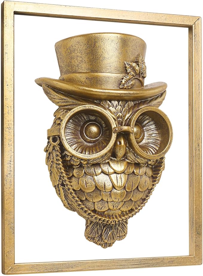 Newinhome Animal Heads Wall Decor (Includes Metal Frame) Halloween Resin Animals Sculptures Head Wall Hanging Decoration Gold vintage Wall Sculpture for Living Room Bedroom Office(Owl)