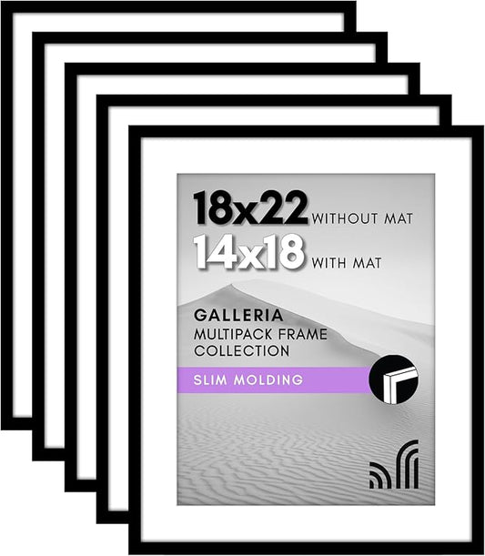 Americanflat 18x22 Picture Frame with Polished Plexiglass - Set of 5 - Use as 14x18 Frame with Mat or Display 18x22 Photo Without Mat - Galleria Collection - Picture Frames for Wall Display - Black