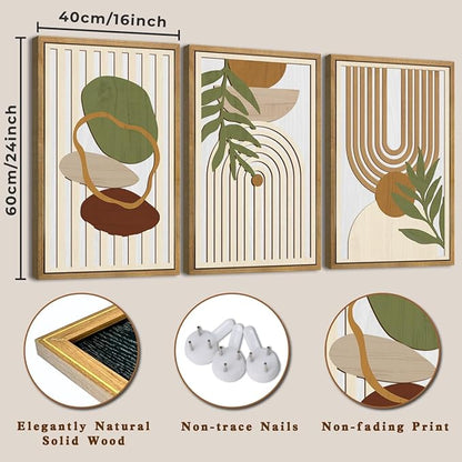 DRACIT Large Boho Minimalist Geometric Wooden Framed Canvas Wall Art Set,Neutral Sage Green Beige Wall Decor,Modern Mid Century Leaf Wall Sculptures for Living Room,Bedroom,Office-16 x24 x3