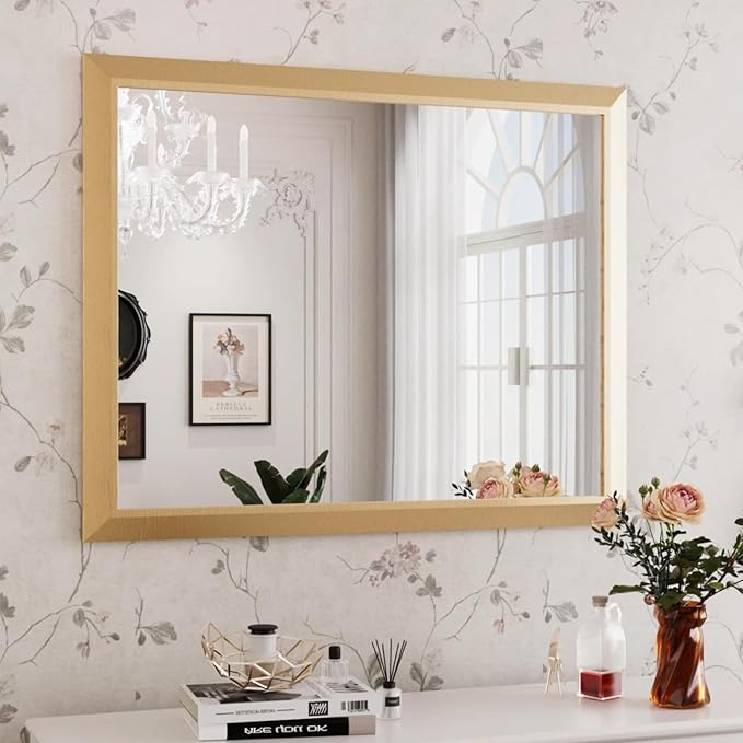 Amorho 40x32 Inch Bathroom Mirror, Gold Thick Metal Framed Wall Mirrors for Over Sink, Wall-Mounted Mirrors Perfect for Bedroom, Living Room, Entryway, Rectangle (Horizontal/Vertical).