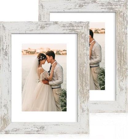 iRahmen 6x8 Picture Frame with Mat 4x6 - High Definition Real Glass Wooden Photo Frames for Tabletop Display and Wall Mounting (Distressed-White, Set of 2)