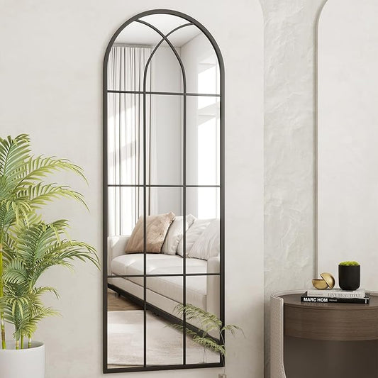 Dewfig 65"x 22" Arched Window pane Full Length Mirror, Wall Mirror, Floor Standing Mirrors, Farmhouse Long Full Body Mirrors Wall Mounted for Living Room, Bedroom, Entryway, Fireplace, Black