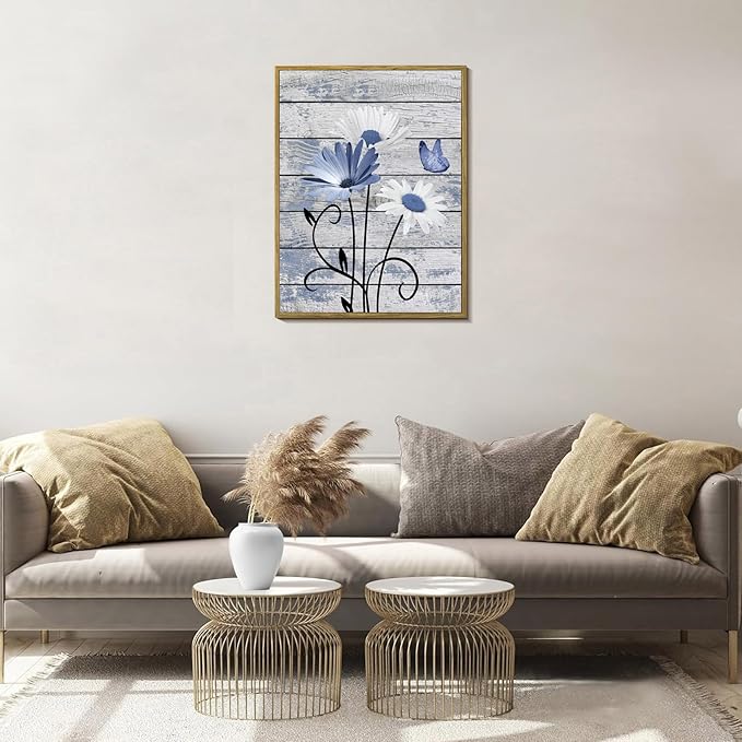 HVEST Blue and White Floral Wall Art for Living Room, Rustic Daisy Butterfly on Farmhouse Wood Canvas Wall Art Nature Plant Flower Pictures for Bedroom Bathroom Decor Framed Artwork, 17L X 12W inches