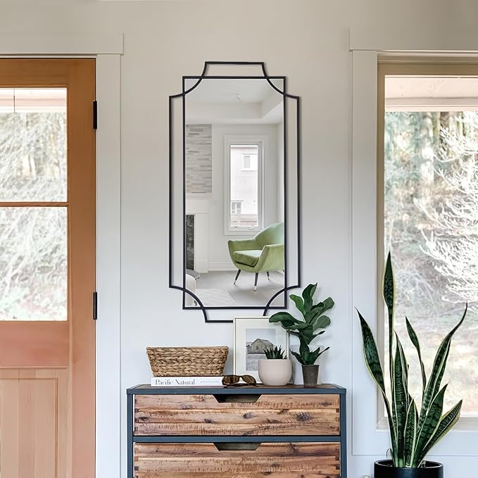 Large Black Mirror for Wall, 47''X24'' Decorative Mirror with Metal Frame for Living Room, Elegant Scalloped Mirror for Entryway, Dining Room, Mantel Decor