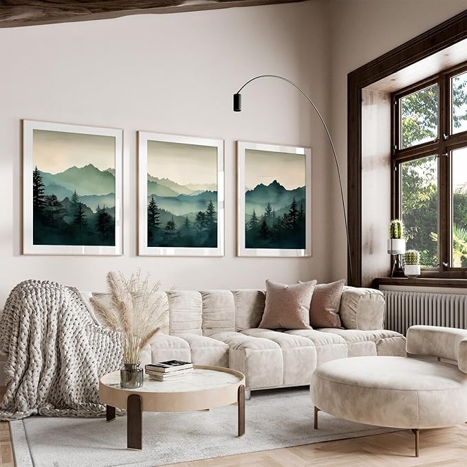 Mountain Wall Art Decor Set of 3 Sage Green Forest Canvas Wall Art Prints Nature Landscape Wall Decor Watercolor Pine Tree Pictures Abstract Modern Painting for Living Room Bedroom 24x36 Inch Unframed