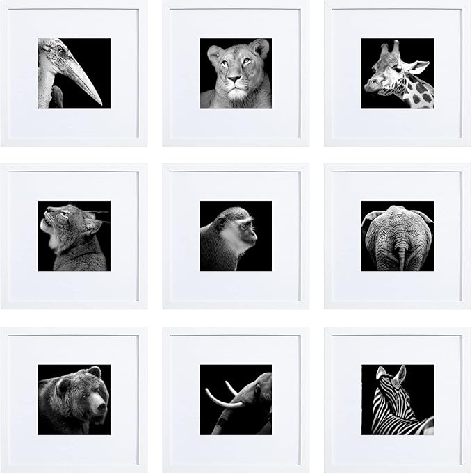 HEART ART 10x10 White Picture Frames set of 9, Display Photos 6x6 with Mat or 10 x 10 without Mat, Gallery Wall Frames Set