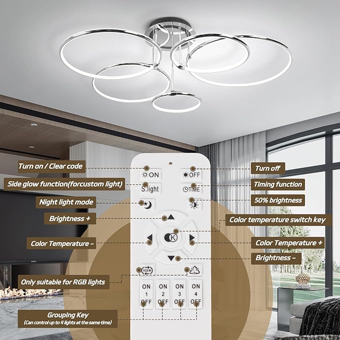 CANEOE Modern Ceiling Light Fixture,Chrome Dimmable Led Ceiling Light with Remote Control for Living Room,5 Rings Flush Mount Ceiling Lamp for Living Room Bedroom Kitchen Lighting Fixtures Ceiling