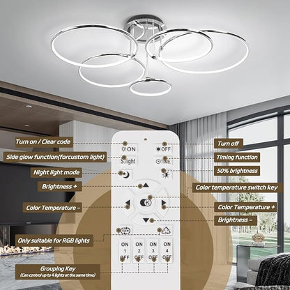 CANEOE Modern Ceiling Light Fixture,Chrome Dimmable Led Ceiling Light with Remote Control for Living Room,5 Rings Flush Mount Ceiling Lamp for Living Room Bedroom Kitchen Lighting Fixtures Ceiling