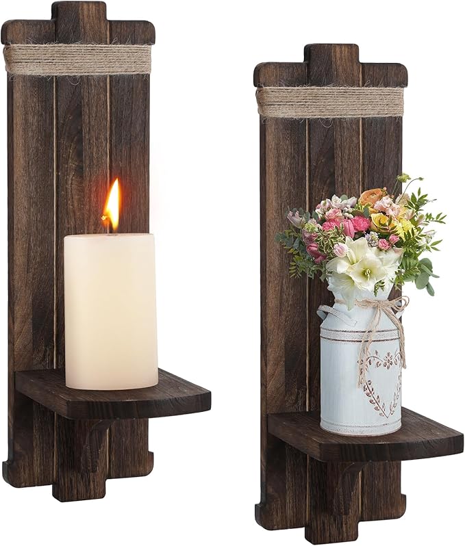 Alphatool Farmhouse Wall Decor Candle Sconces - 2 Pcs Vintage Rustic Handmade Wooden Wall-Mount Candle Holders for Bedroom Livingroom Home Hanging Art Decorations Accessories Gifts, Brown