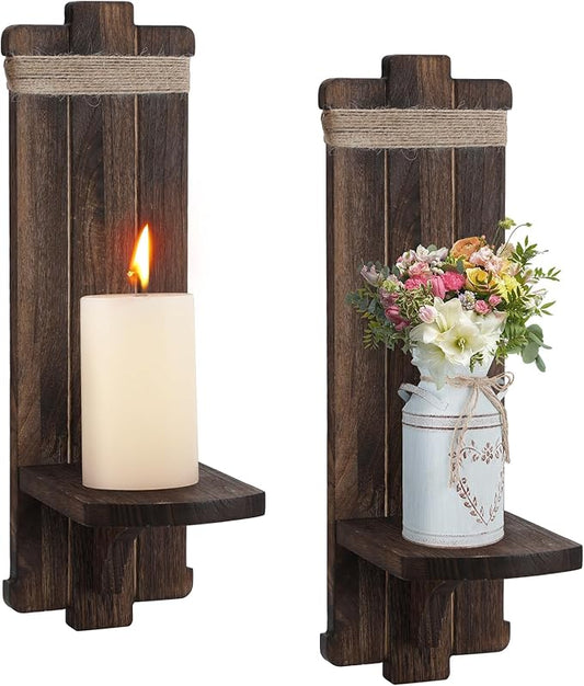 Alphatool Farmhouse Wall Decor Candle Sconces - 2 Pcs Vintage Rustic Handmade Wooden Wall-Mount Candle Holders for Bedroom Livingroom Home Hanging Art Decorations Accessories Gifts, Brown