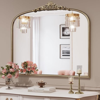 36" x 28" Antique Gold Arched Mirror for Wall, Vintage Brass Bathroom Mirror with Metal Frame, Bronze Ornate Gold Vanity Mirror for Entryway, Mantel, Powder Room