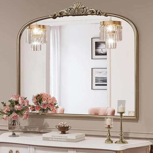 36" x 28" Antique Gold Arched Mirror for Wall, Vintage Brass Bathroom Mirror with Metal Frame, Bronze Ornate Gold Vanity Mirror for Entryway, Mantel, Powder Room