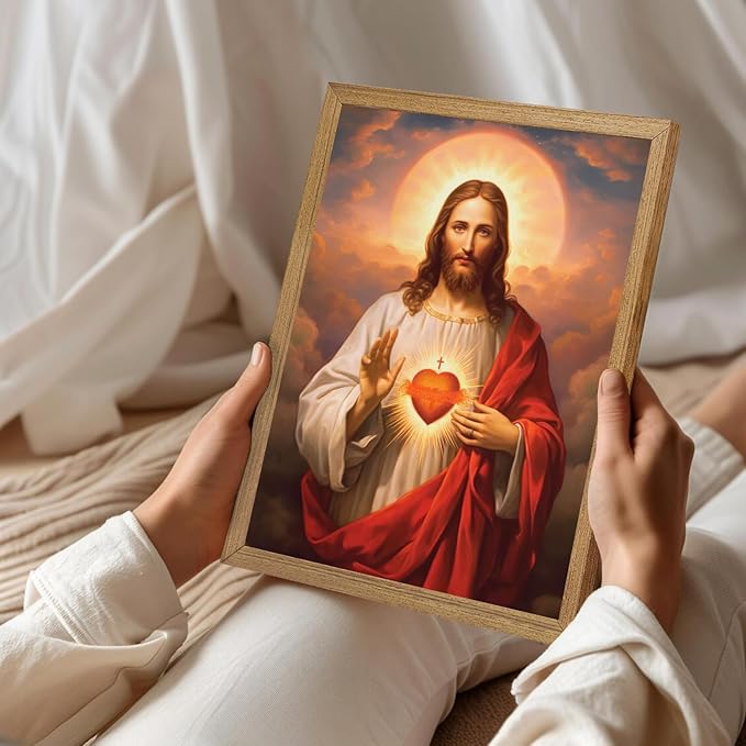 Framed Sacred Heart of Jesus Canvas Wall Art Divine Mercy Painting Picture Wall Decor Religious Christ Jesus Portrait Poster Prints Artwork for Dining Living prayer Room Bedroom Home Decor 24x36 in
