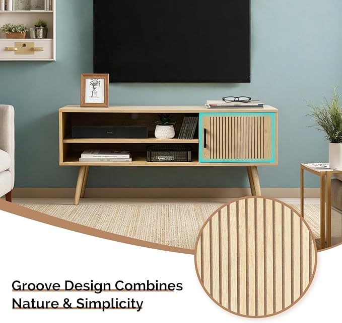 Modern TV Stand for 50 Inch TV, Entertainment Center with Storage Cabinets and Adjustable Shelf, Solid Wood Feet, Cord Holes, Groove Stripe Media TV Console Table for Living Room Bedroom