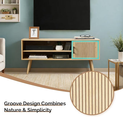 Modern TV Stand for 50 Inch TV, Entertainment Center with Storage Cabinets and Adjustable Shelf, Solid Wood Feet, Cord Holes, Groove Stripe Media TV Console Table for Living Room Bedroom