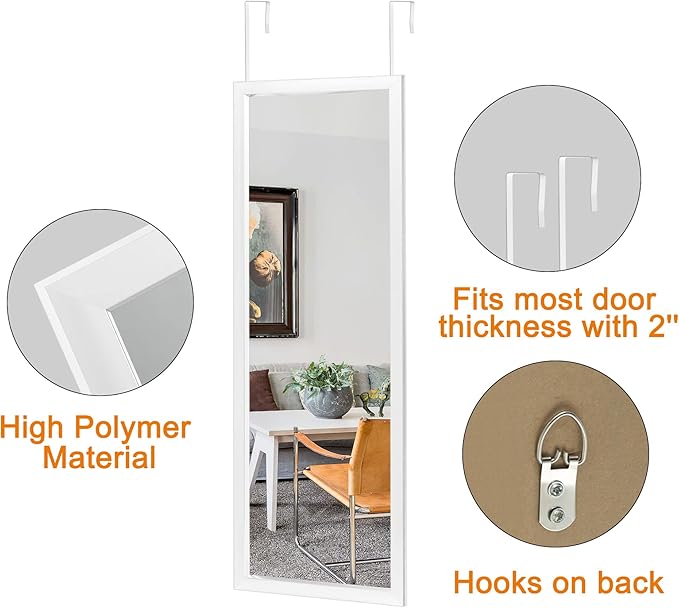 NeuType 47"x18" Over The Door Full Length Mirror, Wall Mount, White