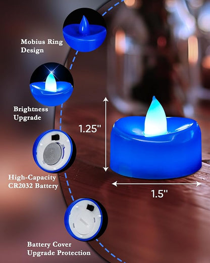 merrynights Flameless Candles, 12 Pack Tea Lights Candle Battery Operated, LED Tealight Votives, Realistic Tea Lights for Halloween Christmas Party Decor -D 1.5” x H 1.25” -Blue Light