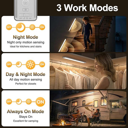 Reoshine 126 LED Under Cabinet Lighting Wireless, 2500mAh Rechargeable Closet Lights Motion Sensored, 3 Color Temps, Dimmable Magnetic Light Bar for Kitchen, Pantry, Stair (2 Pack)