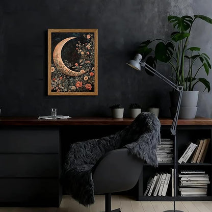 JLTULT Framed Vintage Floral and Moon Canvas Wall Art, Dark Mystical Celestial Floral Wall Decor, William Morris Gothic Prints Artwork for Bedroom Living Room Office Decoration 12x16 in Easy to Hang