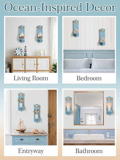 Alphatool Farmhouse Wall Decor Candle Sconces - 2 Pcs Vintage Rustic Handmade Wooden Wall-Mount Candle Holders for Bedroom Livingroom Home Hanging Art Decorations Accessories Gifts, Blue