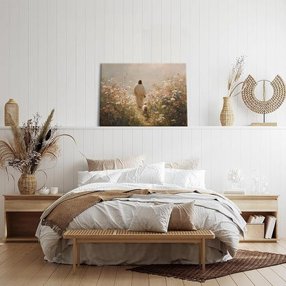 Jesus Leaves the 99 Sheep Wall Art The Lost Sheep Bible Stories Painting picture Wall Decor religion Christian Wildflowers Poster Print Artwork for Church LDS bedroom Living Home Decor 8x10 in Canvas