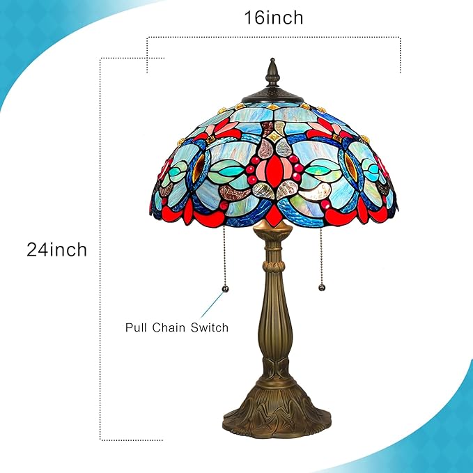 ARTZONE Tiffany Table Lamp[W16''xH24''], Tiffany Table Lights Antique Stained Glass Bedside Table Lamp for Bedside/Desk Reading/Living Room/Home Office/Bedroom