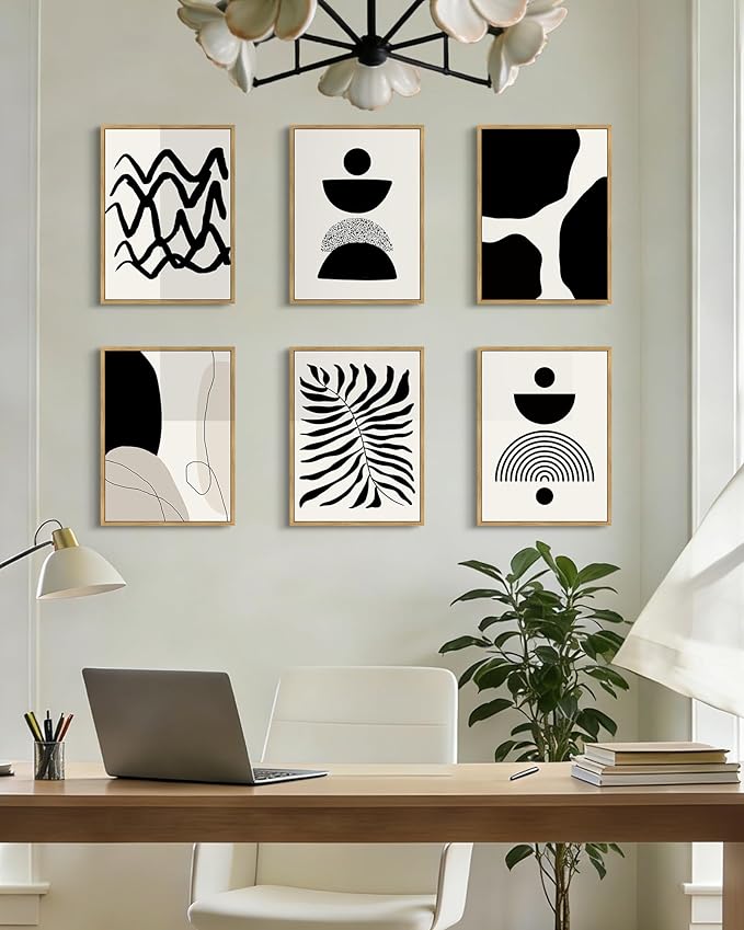 Drsoum Abstract Boho Wall Art Minimalist Geometric Framed Boho Room Decor Black Line Art Mid Century Modern Prints Bohemian Living Room Bedroom Ready to Hang 11x14inx6pcs (Natural Framed)