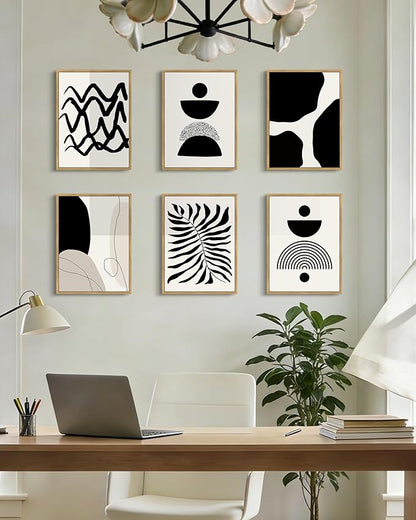 Drsoum Abstract Boho Wall Art Minimalist Geometric Framed Boho Room Decor Black Line Art Mid Century Modern Prints Bohemian Living Room Bedroom Ready to Hang 11x14inx6pcs (Natural Framed)
