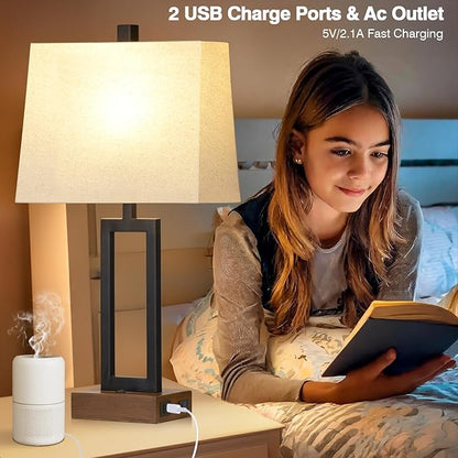 Lolikit Table Lamp for Bedroom Set of 2 with 2 USB Ports and AC Power Outlet, 23.5" Modern Bedside Lamp, Wood Nightstand Lamp with Linen Shade for Living Room Hotel Desk(LED Bulb Included)