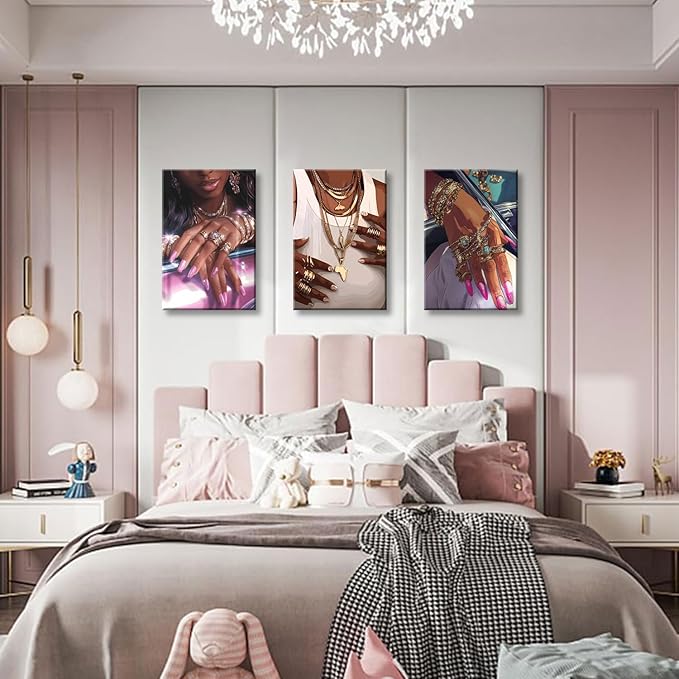 NCYEL 3Pcs Black Girls Wall Art African American Fashion Canvas Print Luxury Shiny Picture Gold Jewelry Decorative Prints Posters Bedroom Living Room Salon Artwork 16X24Inch