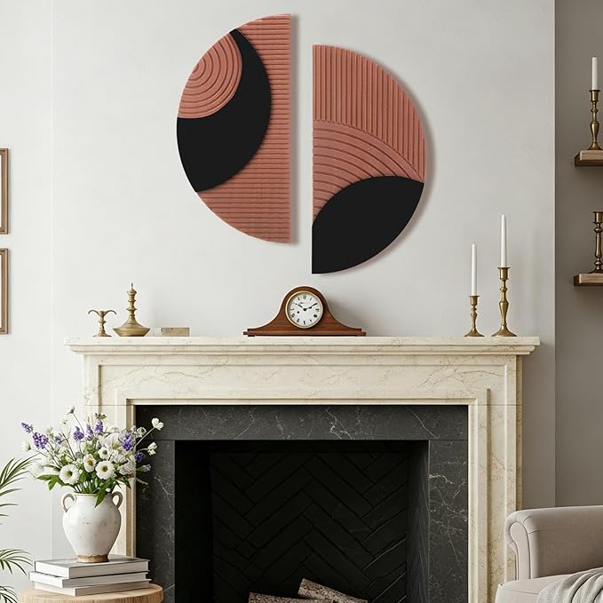 BrightRow 2 Pcs Boho Round Wall Decor Wood Mid-century Wall Art Geometric Half-circle Line Art Design Hand-carved for Farmhouse and Country Style Interior Decoration, 11.8 Inches
