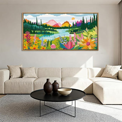 ANHUIB Large Colorful Wildflower Wall Art 20x40 Inch Framed Boho Abstract Floral Wall Decor Forest Woodland Painting Muticolor Mountain Range Illustration for Living Room Dining Room Bedroom
