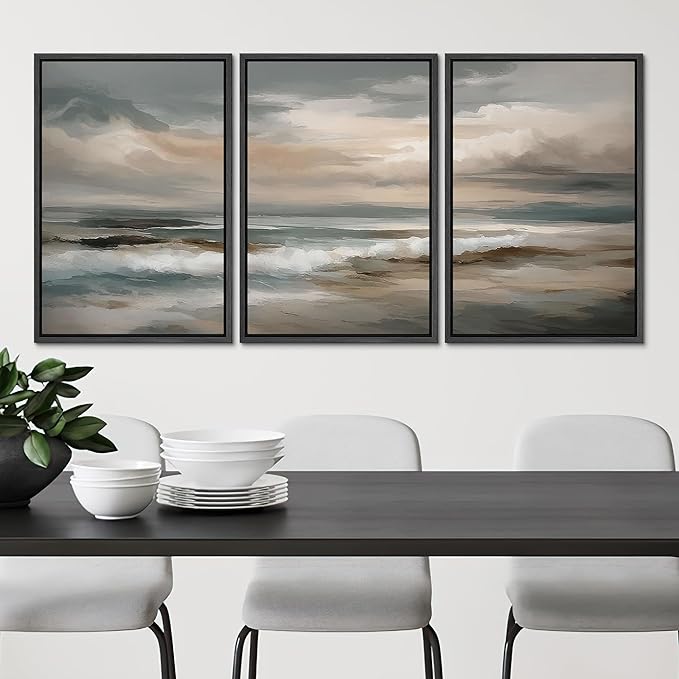 SIGNLEADER Framed Canvas Print Wall Art Set Coastal Ocean Waves Neutral Seascape Abstract Illustrations Modern Art Boho Decorative for Living Room, Bedroom, Office - 16"x24"x3 BLACK