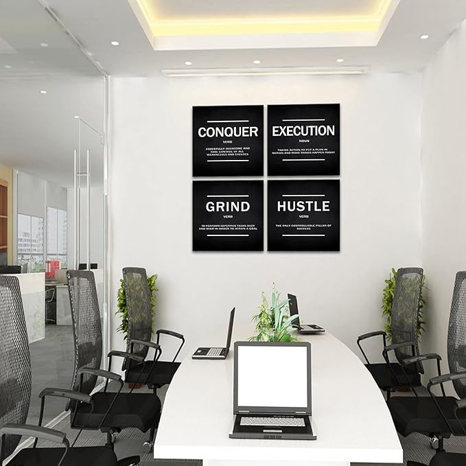 KAWAHONE Grind Hustle Execution Quotes Framed Wall Art,Success Canvas Print Office Decor Inspiring Framed Prints Inspirational Quotes for Wall Art Decoration Ready to Hang(4pcs)