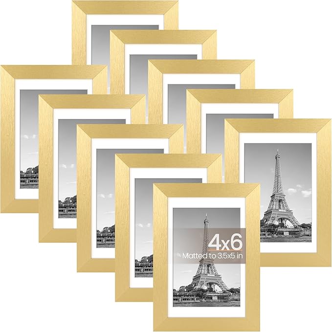 upsimples 4x6 Picture Frame Set of 10, Display Pictures 3.5x5 with Mat or 4x6 Without, Multi Photo Frames Collage for Wall or Tabletop Display, Gold