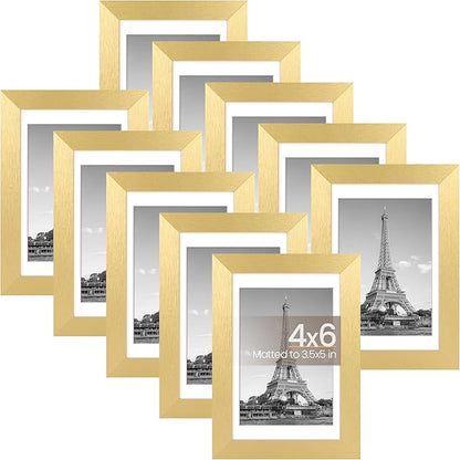 upsimples 4x6 Picture Frame Set of 10, Display Pictures 3.5x5 with Mat or 4x6 Without, Multi Photo Frames Collage for Wall or Tabletop Display, Gold