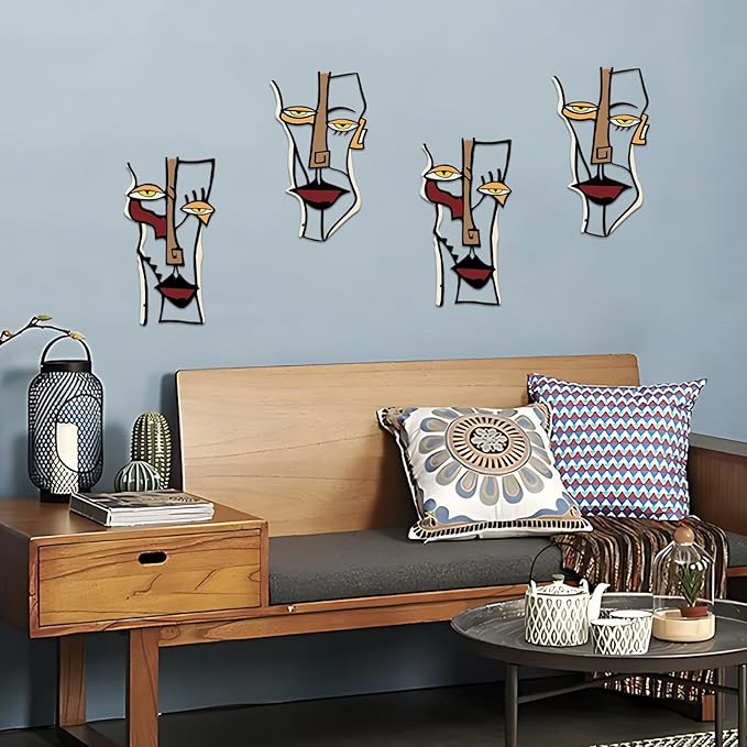 ESTART 2 Pieces Abstract Faces Metal Wall Decor, Modern Minimalist Single Line Geometric Hanging Wall Art, Colorful Metal Wall Sculptures for Home Living Room Bedroom Bathroom Kitchen, 24x15.7 IN