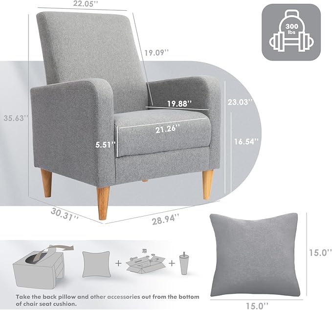 COLAMY Mid-Century Modern Upholstered Accent Chair with Back Pillow & Solid Wood Legs, Fabric Cozy Armchair for Living Room, Bedroom, Reading Nook, Apartment & Small Spaces, Lightgrey