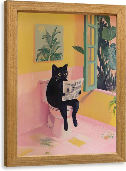 Cyebmo Funny Bathroom Wall Art, Cute Black Cat Sitting on Toilet Reading Newspaper Wall Decor, Whimsical Pink Abstract Animal Canvas Artwork for Bathroom Kid's Restroom Bedroom Wood Framed 8x10 Inch