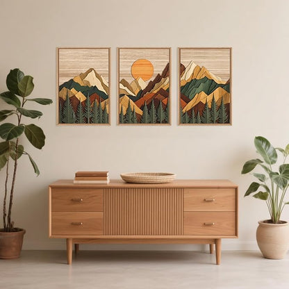 Celestdeco Large Woodcut Style Mountain Framed Canvas Wall Art Set, Woodsy Rustic Ridge Wall Decor, Boho Pine Tree Forest Wall Painting, Abstract Sunrise Wooden Art Print for Living Room, Bedroom, Office - 24"X36"X3(Not-3D Effect)